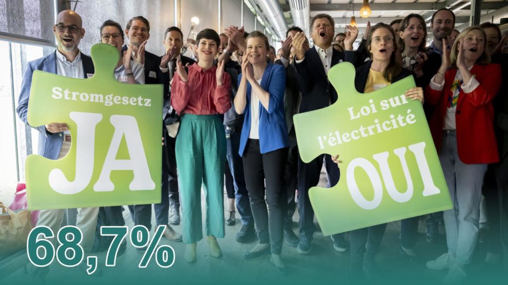 Groupe de personnes célébrant les résultats "OUI" de la votation du 09 juin 2024 sur la Loi Électricité approuvée à 68,7%