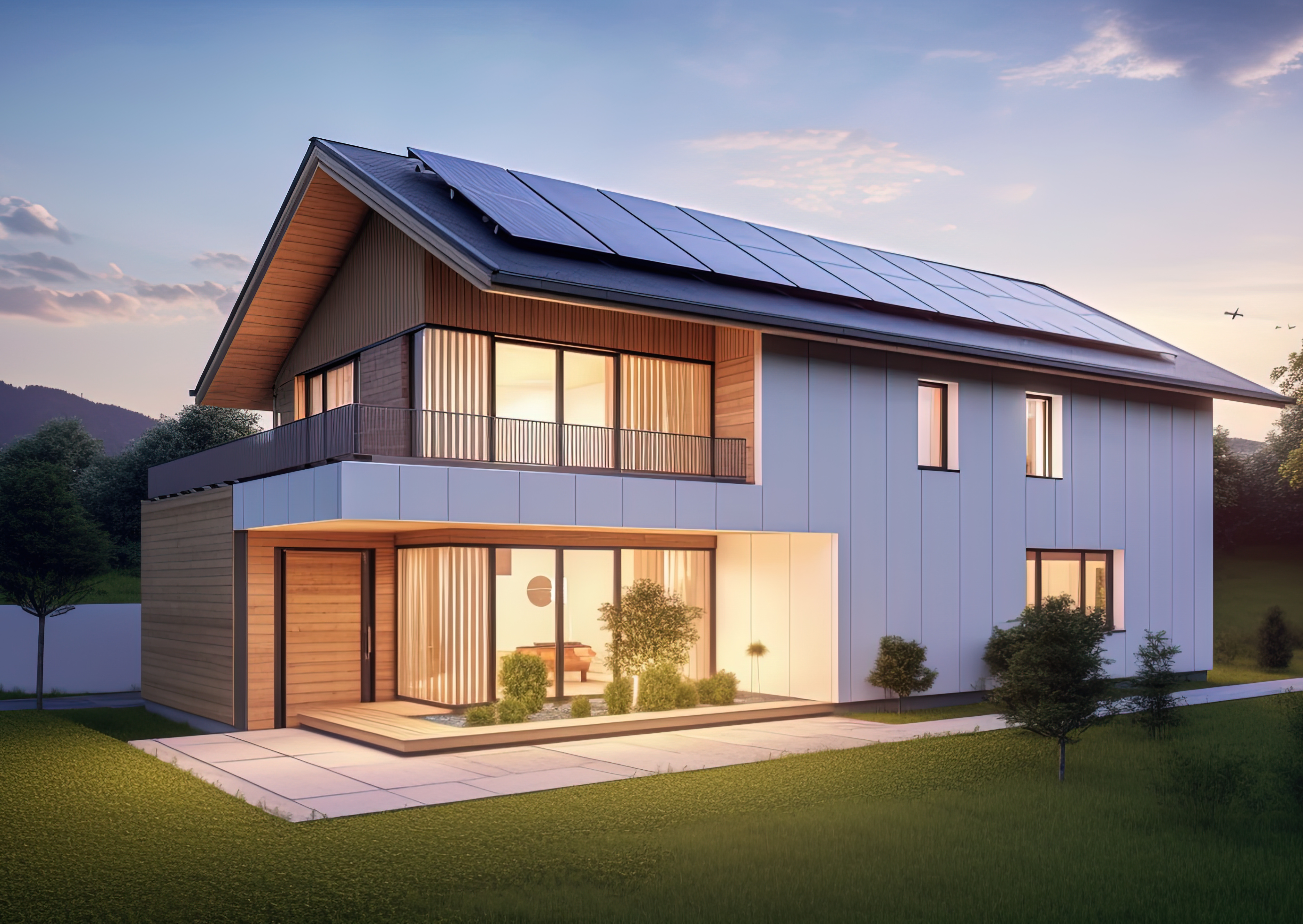 Maison moderne avec des panneaux solaires photovoltaïques sur le toit, en fin de journée avec les lumières allumées.