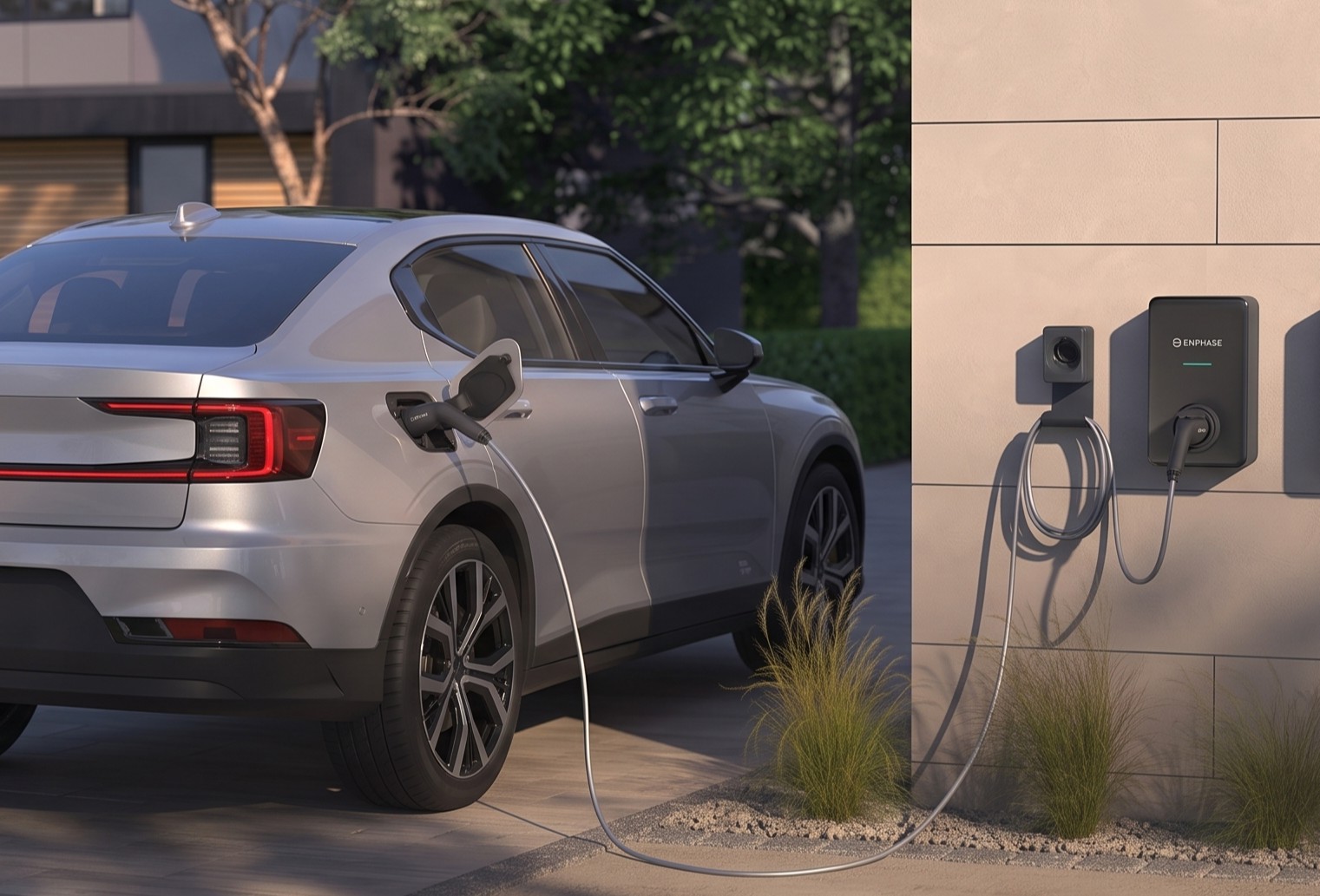 Voiture électrique en recharge sur une borne Enphase à domicile en Suisse romande