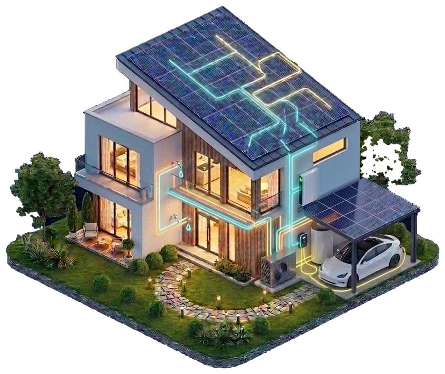 Maison avec carport solaire, ecosysteme energetique complet - naoenergy