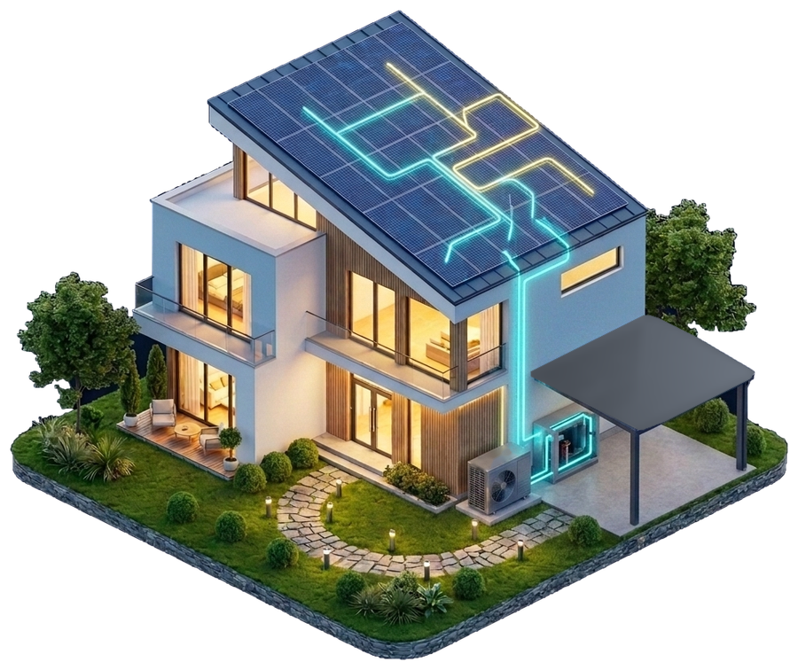 Maison avec panneaux solaires et pompe a chaleur - naoenergy