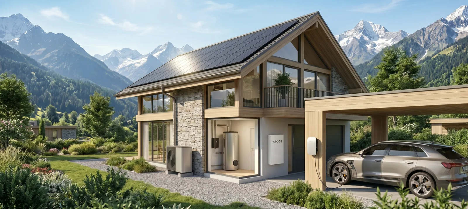 Maison suisse équipée par naoenergy : panneaux solaires, pompe à chaleur, boiler thermodynamique, batterie, borne de recharge et carport