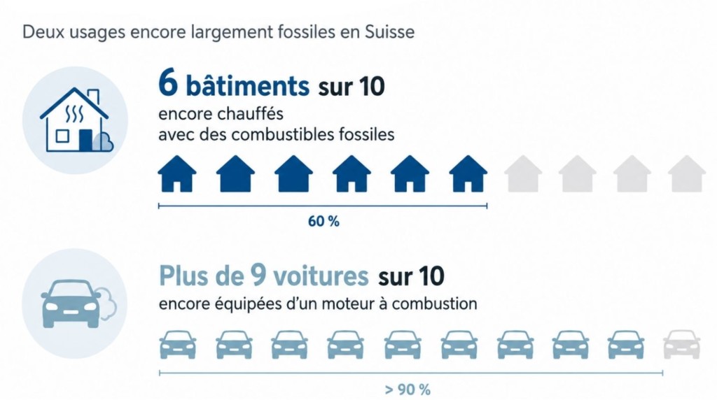 Part des bâtiments chauffés aux énergies fossiles et des voitures thermiques en Suisse